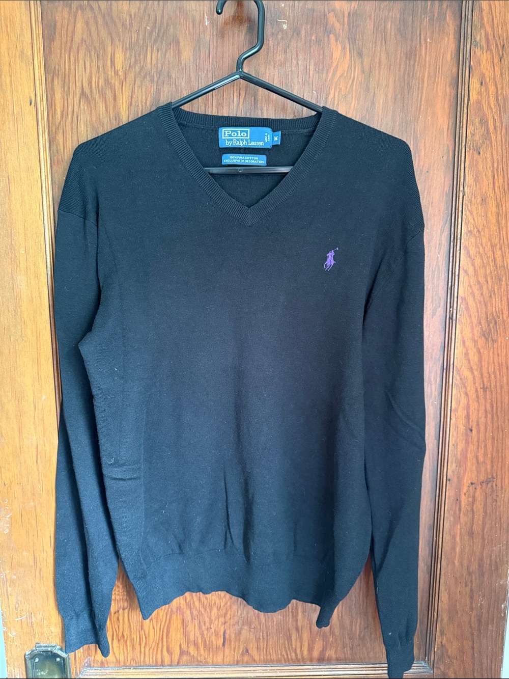 Polo by Ralph Lauren Men's Black V-Neck Sweater with Purple Pony - Size M